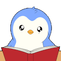 a blue and white penguin is reading a book on a table