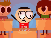 a cartoon character has a red shirt that says oh yeah
