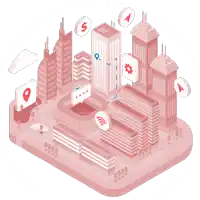 an isometric illustration of a city with a dollar sign on the top of one of the buildings