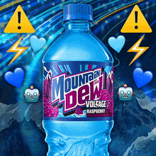 a bottle of mountain dew voltage raspberry surrounded by hearts and lightning bolts