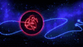 a blue and red drawing of a cartoon character with a planet in the background