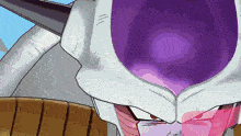 a close up of a cartoon character with a purple head