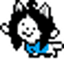 a pixel art drawing of a cat with a blue bow tie and black hair .