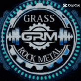 a logo for grass grm rock metal with a gear in the center