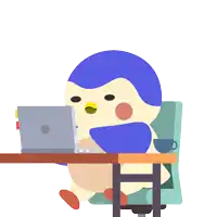 a penguin is sitting at a desk with a laptop and the words just one more task above him
