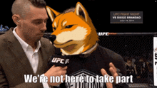 a man in a suit is talking to a doge wearing a ufc shirt