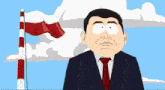 a cartoon man in a suit and tie stands in front of a flag
