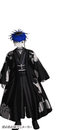 a cartoon character with blue hair is wearing a black kimono