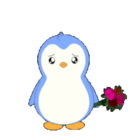 a blue and white penguin holding a bouquet of flowers