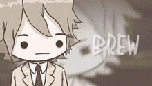 a cartoon drawing of a boy in a suit and tie with the word brew behind him