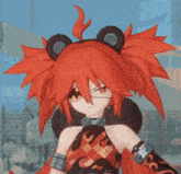 a girl with red hair and bear ears is wearing a black and orange outfit