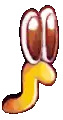 a close up of a cartoon worm with a brown and yellow body and white eyes .