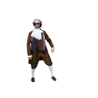 a man in a brown coat and tie with an american flag around his neck is dancing