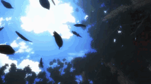 a flock of birds are flying in the sky above trees
