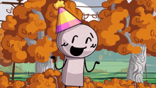 a cartoon character wearing a party hat is standing in front of trees