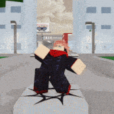a cartoon character is standing in front of a building with a sign that says shizujuku