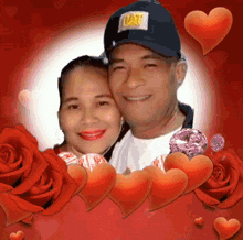 a man wearing a cat hat is surrounded by red hearts