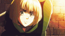 a close up of a blonde anime girl with a green hoodie