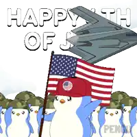 a group of penguins holding an american flag with the words happy 4th of july behind them