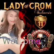 a woman is sitting in front of a logo for lady of crom indonesia