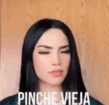 a woman with long black hair is making a funny face with her eyes closed and the words pinche vieja written on her face .