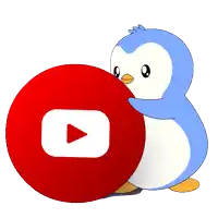 a blue penguin holding a red circle with a youtube logo on it