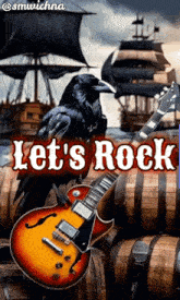 a poster that says let 's rock with a crow and guitar