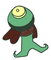 a cartoon drawing of a person wearing a green hat