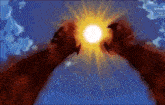 a painting of a person holding a sun in their hands .