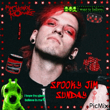 a poster for spooky jim sunday with a green monster