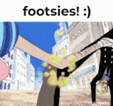 a cartoon of a man kicking another man 's leg with the words footsies below it