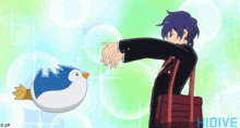 a cartoon of a boy petting a bird with the word hidive below him