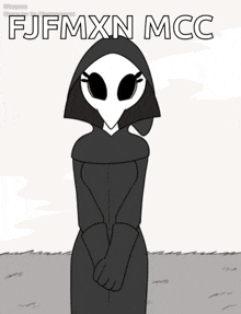 a black and white drawing of a woman with the words fjfmxn mcc on the top