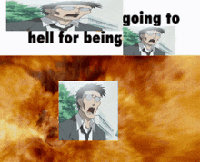 a man in a suit and tie is screaming with the words going to hell for being below him