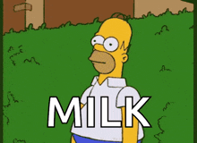 a cartoon of homer simpson standing in a grassy field with the word milk written below him