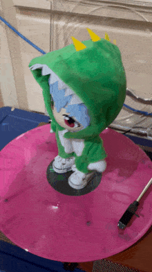 a doll with a green hoodie is sitting on a pink circle