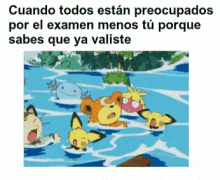 a group of cartoon characters are swimming in the water with the caption cuando todos estan preocupados