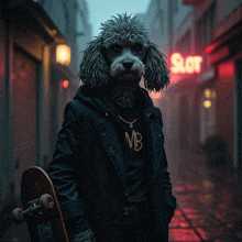 a person dressed as a poodle is holding a skateboard in front of a slot sign