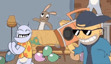 a cartoon of a man wearing sunglasses holding a boombox while a cat and a rabbit look on .