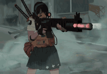 a girl is holding a gun that says swat on the side