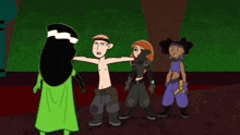 a group of cartoon characters are standing next to each other on a carpet .