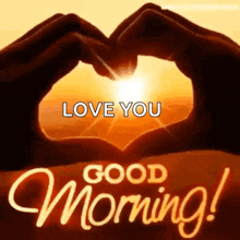 a person is making a heart shape with their hands with the sun behind them .