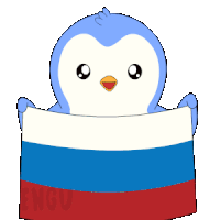 a penguin is holding a russian flag in front of its face