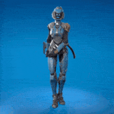 a video game character is dancing in front of a blue backdrop
