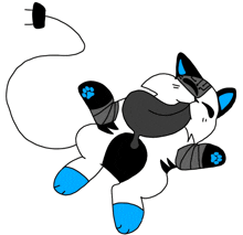 a cartoon drawing of a cat with blue paws and a black tail