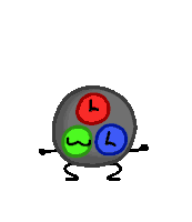 a cartoon drawing of a ball with arms and legs and three circles with numbers on them