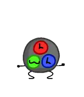 a cartoon drawing of a ball with arms and legs and three circles with numbers on them