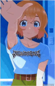 a girl in a blue shirt is standing in front of a door with her hand on her head .