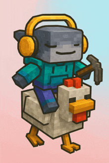 a minecraft character wearing headphones and carrying a pickaxe rides on the back of a chicken
