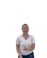 a woman in a white shirt is waving her hand